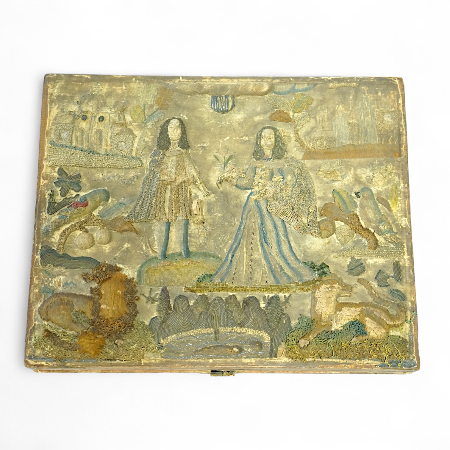 A late 17th century Charles II stump work box. The box originally embroidered to commemorate the marriage of Charles II to Catherine of Braganza in 1662. 31cm x 25.5cm deep., Condition - sadly during its 400 plus years o